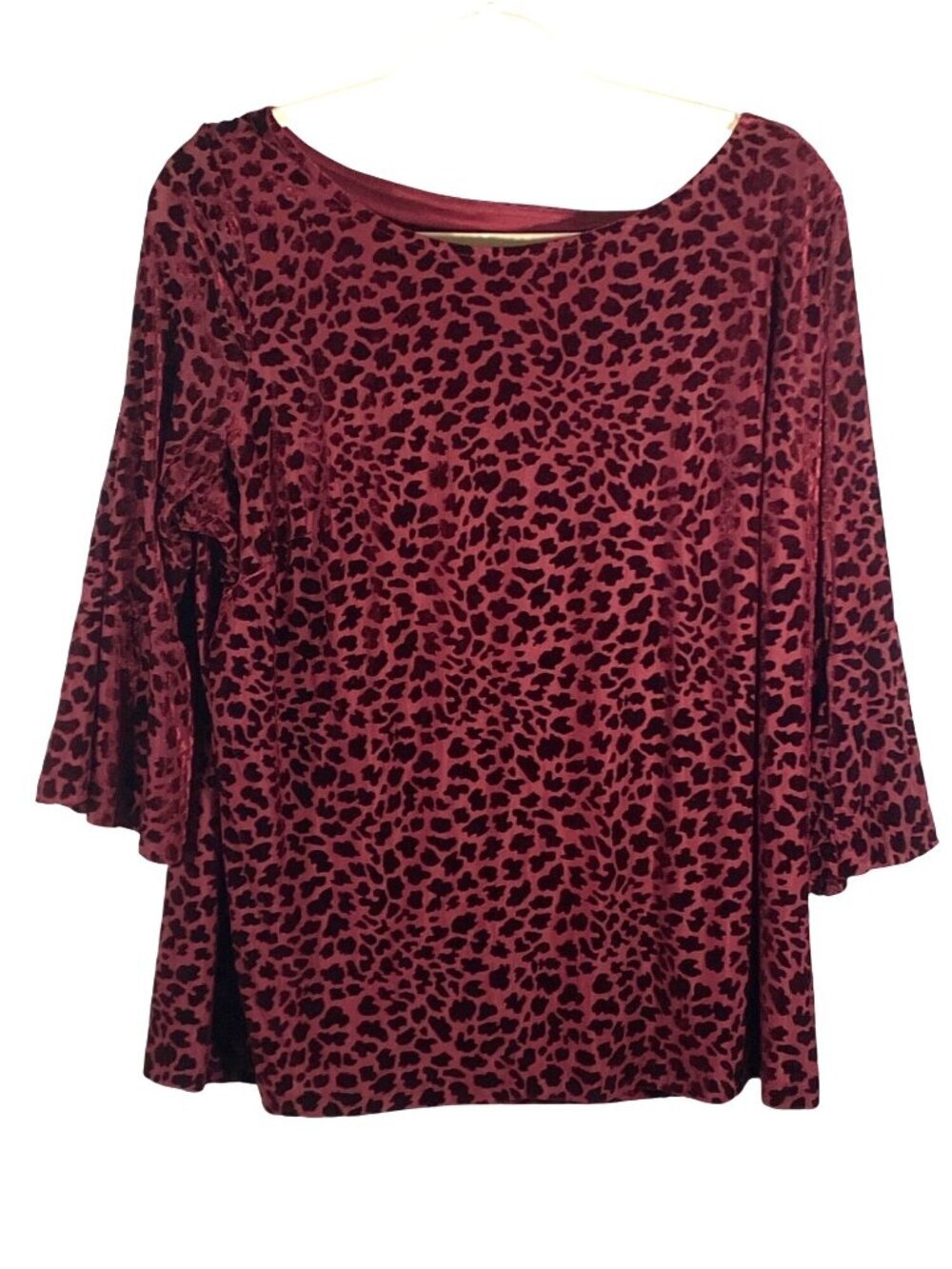 Talbots Plus size 1X Leopard Print velvet burnout top Burgundy Stretchy bell